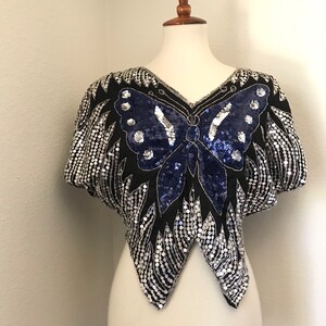 Vintage silk navy sequined butterfly 80s top image 5