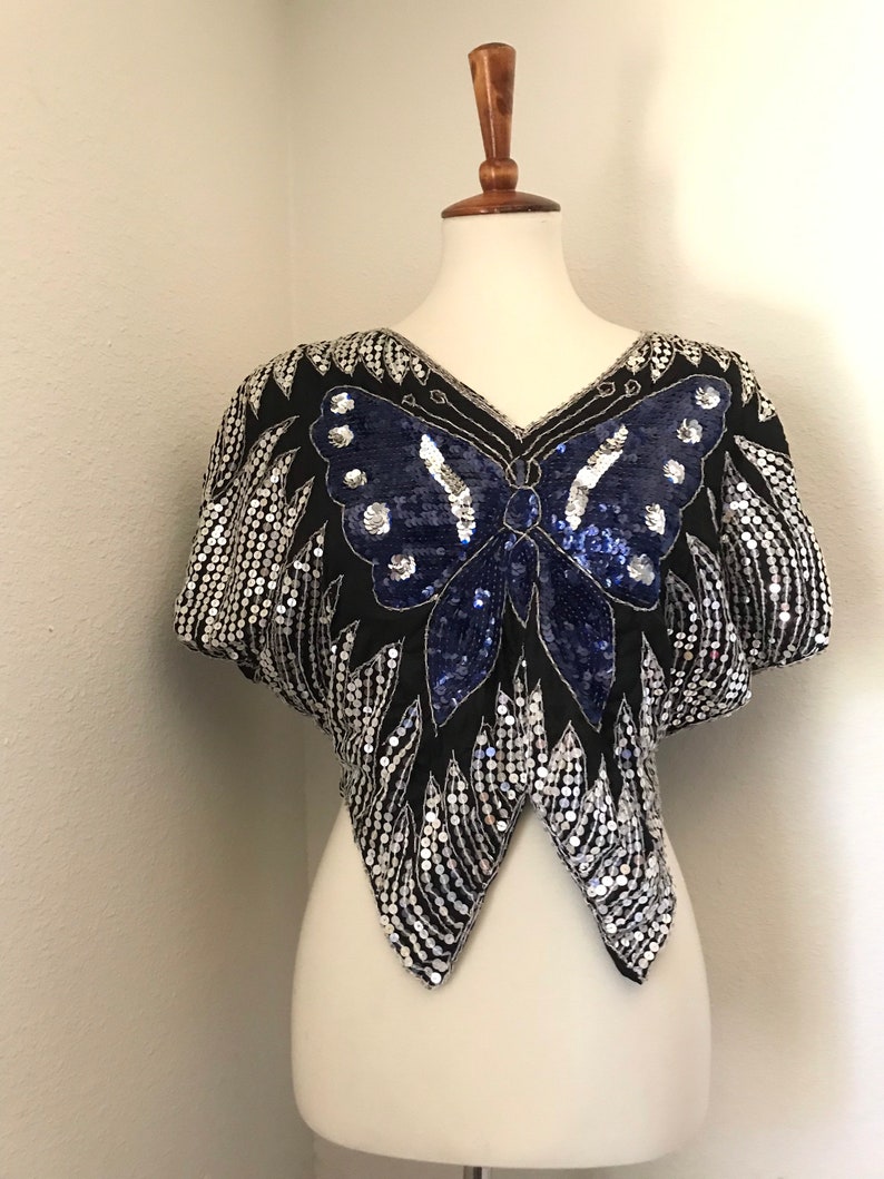 Vintage silk navy sequined butterfly 80s top image 5