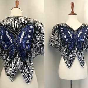 Vintage silk navy sequined butterfly 80s top image 1