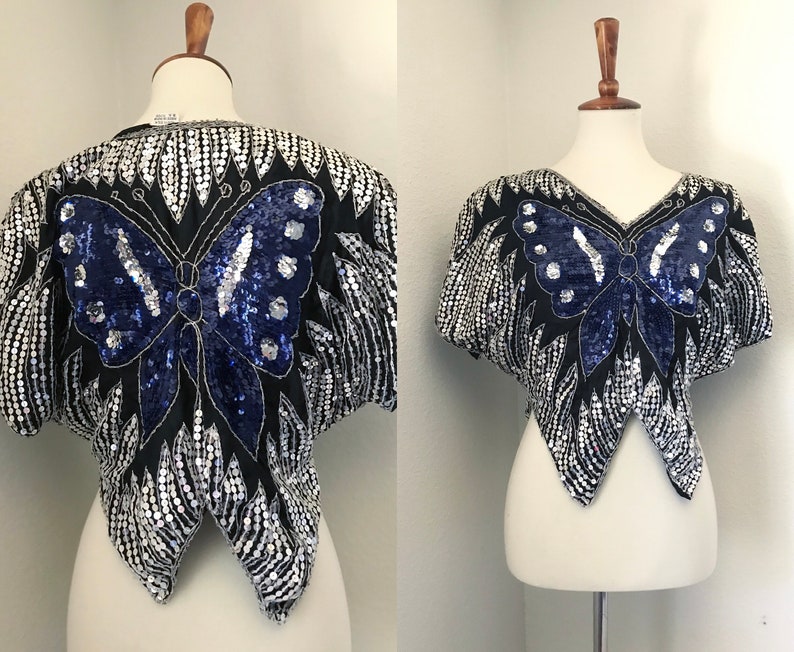 Vintage silk navy sequined butterfly 80s top image 1