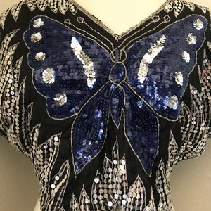 Vintage silk navy sequined butterfly 80s top image 3