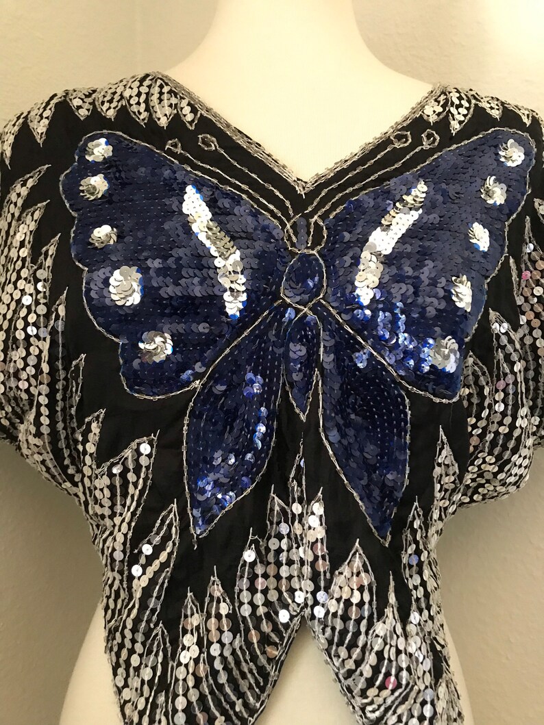 Vintage silk navy sequined butterfly 80s top image 3