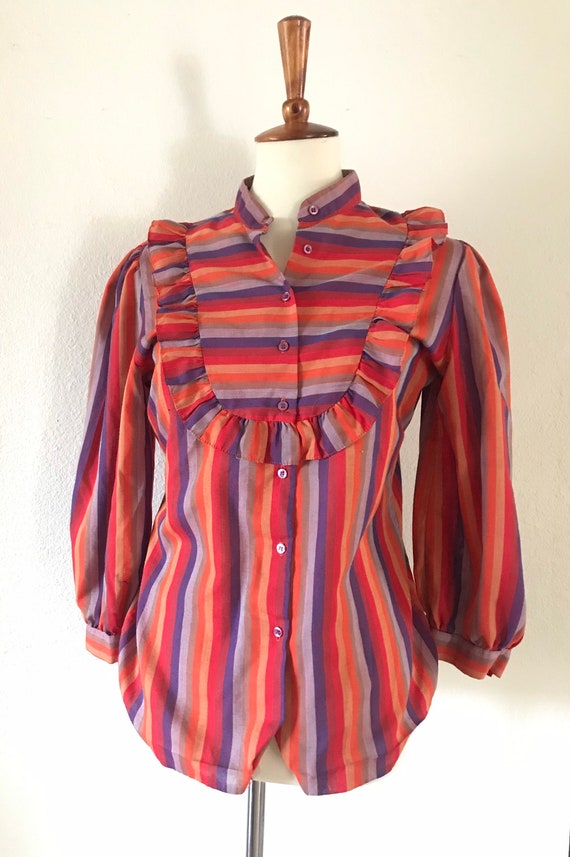 Vintage red Orange purple striped ruffle puff sle… - image 4