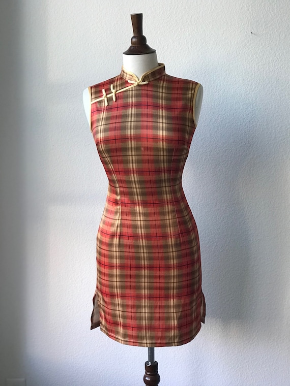 Vintage orange plaid qipao dress  sz XS 1960s - image 5