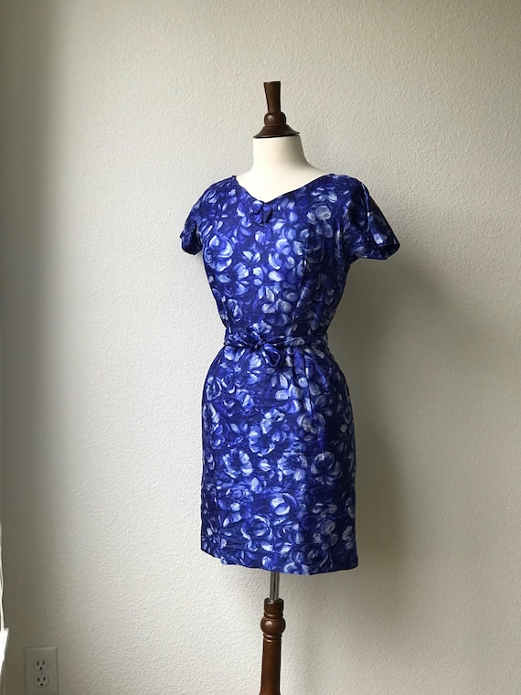 vintage 1950s blue silk watercolor day dress - image 4