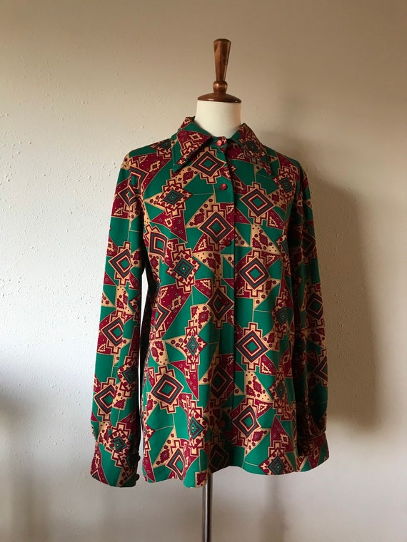 Vintage 70s groovy green patterned polyester long… - image 5