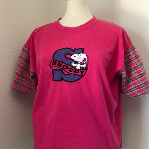 Vintage SNOOPY original pink plaid sleeve t-shirt womens large image 3