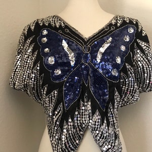 Vintage silk navy sequined butterfly 80s top image 2