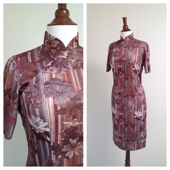 Vintage brown floral qipao size S-M - image 1