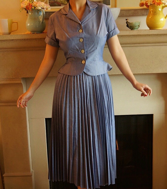 1940s Cotton lavender blue/ Purple Skirt Button U… - image 5