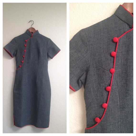 vintage red piping blue cheongsam qipao sz S