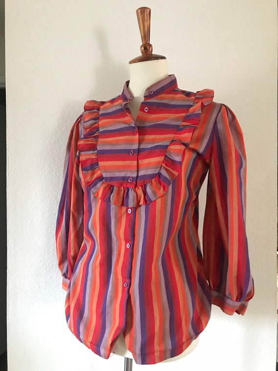 Vintage red Orange purple striped ruffle puff sle… - image 2