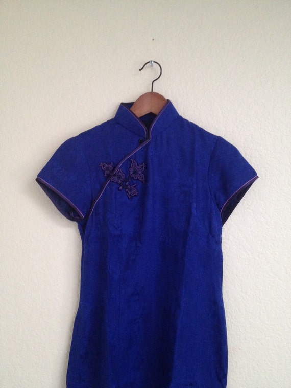 Vintage blue silk cheongsam sz S - image 3