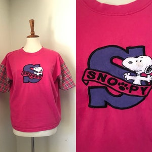 Vintage SNOOPY original pink plaid sleeve t-shirt womens large image 1