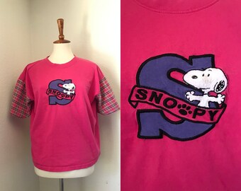 Vintage SNOOPY original pink plaid sleeve t-shirt womens large
