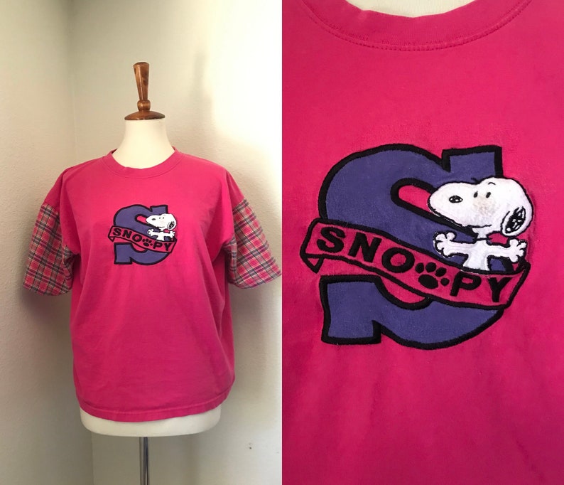 Vintage SNOOPY original pink plaid sleeve t-shirt womens large image 1