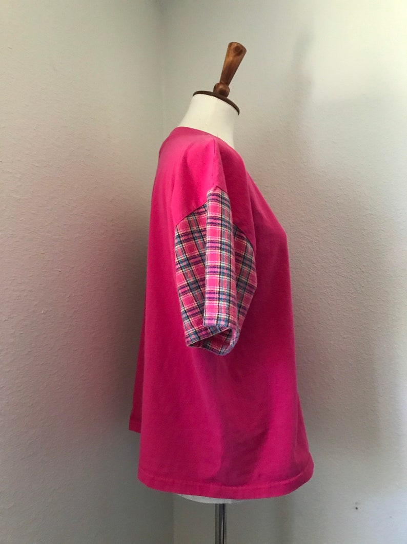 Vintage SNOOPY original pink plaid sleeve t-shirt womens large image 7