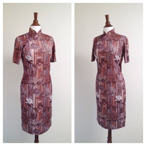 Vintage brown floral qipao size S-M - image 2