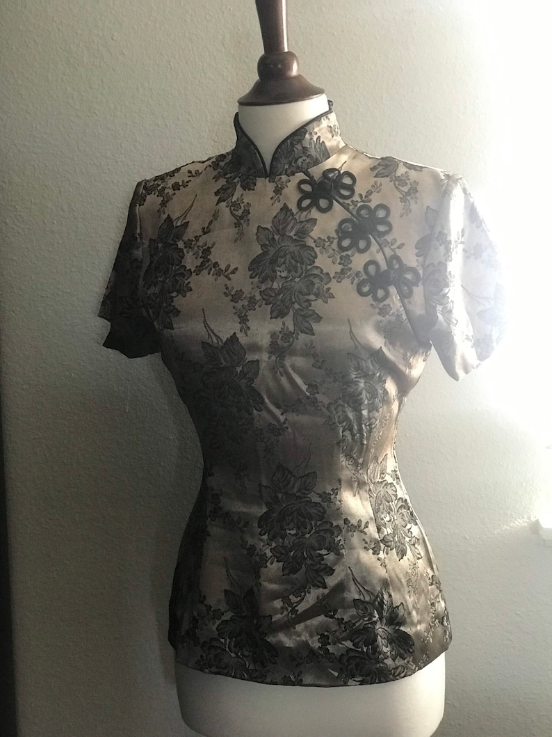 Vintage brown Chinese cheongsam top silky size medium image 5