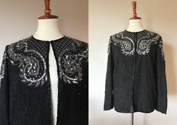 Vintage sequined black silk cardigan jacket medium - image 1