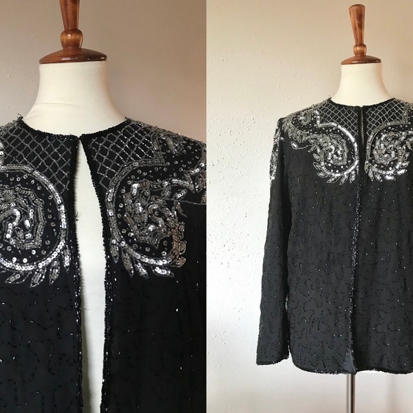 Vintage sequined black silk cardigan jacket medium