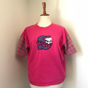 Vintage SNOOPY original pink plaid sleeve t-shirt womens large image 5