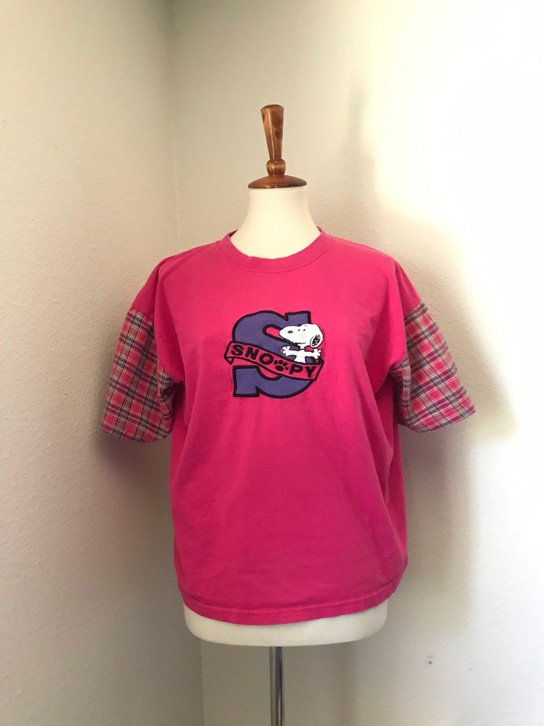 Vintage SNOOPY original pink plaid sleeve t-shirt womens large image 5