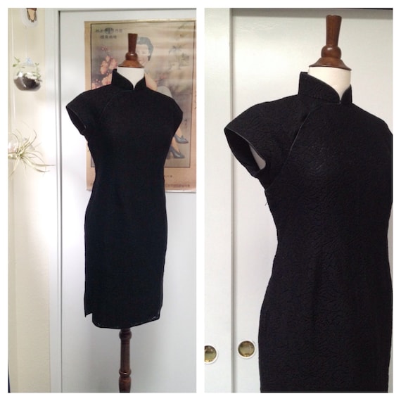 Vintage black lace cheongsam qipao M