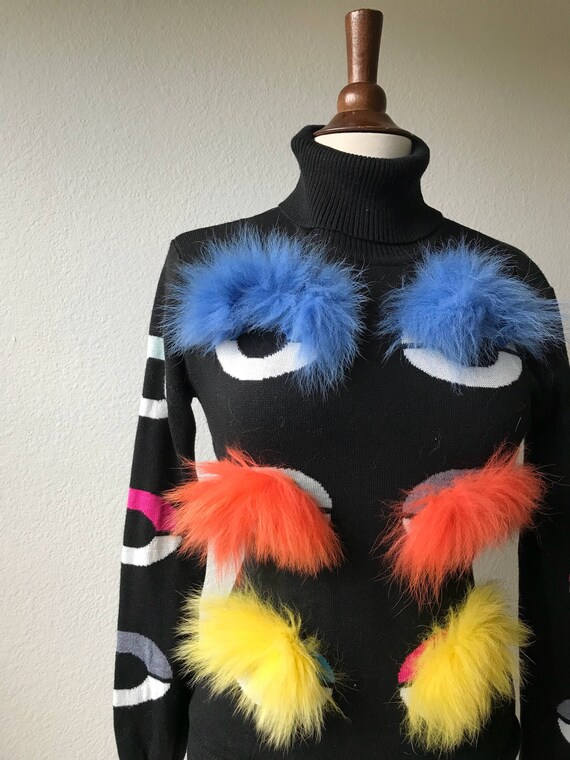 kitschy black turtleneck sweater with colorful fu… - image 4