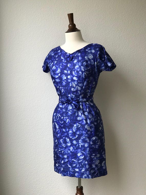 vintage 1950s blue silk watercolor day dress - image 7