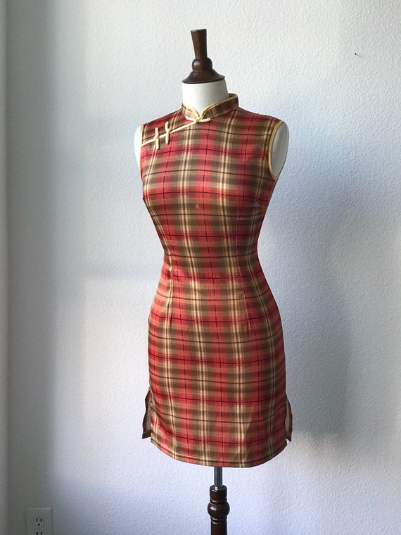 Vintage orange plaid qipao dress  sz XS 1960s - image 7