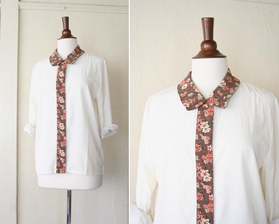 vintage FLORAL collar detail white blouse - image 1