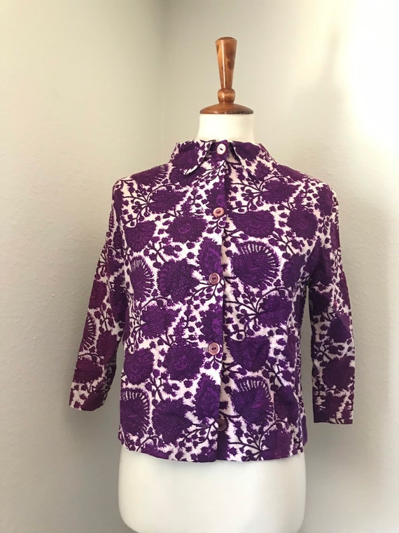 Vintage purple floral long sleeve collared 50s to… - image 7