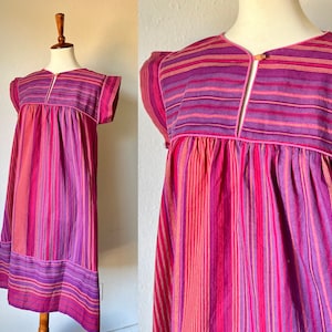 Vintage cotton red and purple hippie muumuu dress size small image 1