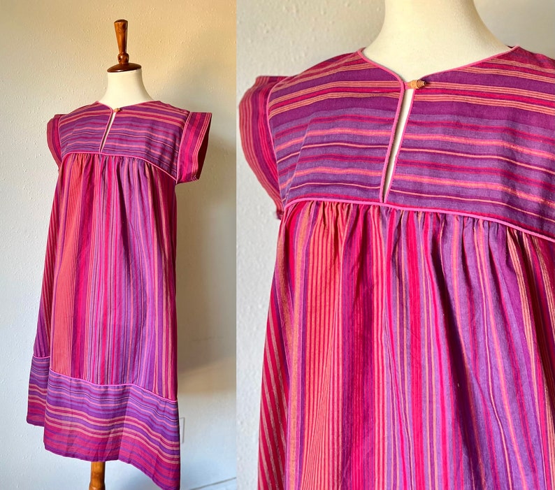 Vintage cotton red and purple hippie muumuu dress size small image 1