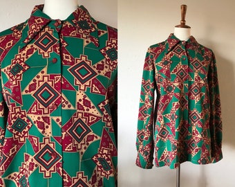 Vintage 70s groovy verde estampado poliéster manga larga botón hasta tamaño pequeño
