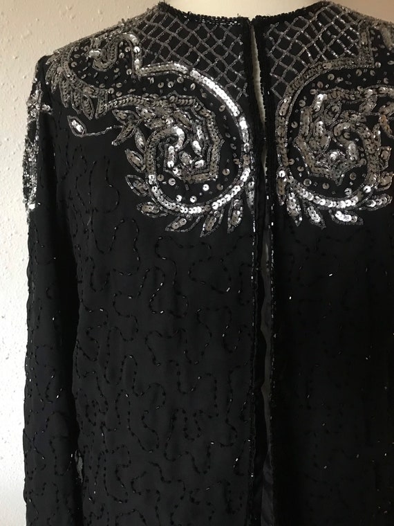 Vintage sequined black silk cardigan jacket medium - image 9