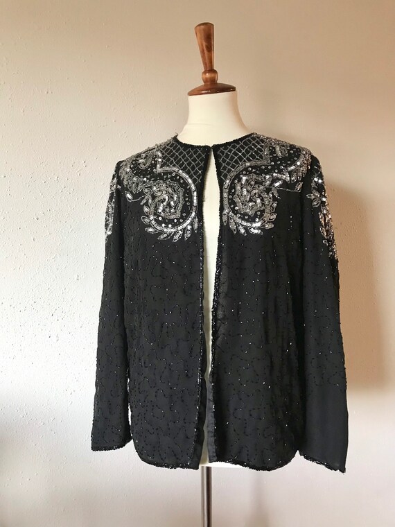 Vintage sequined black silk cardigan jacket medium - image 3