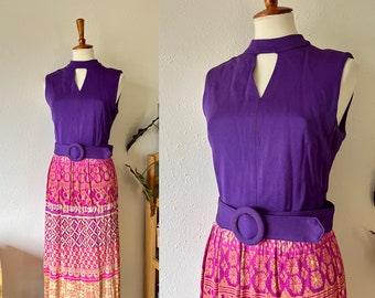 Vintage purple and pink belted 70s hippie maxi party dress size xs