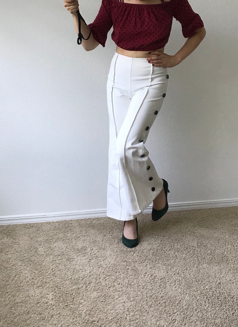 Vintage white wide leg pleated highwaist disco pants with buttons sz xs or small image 3