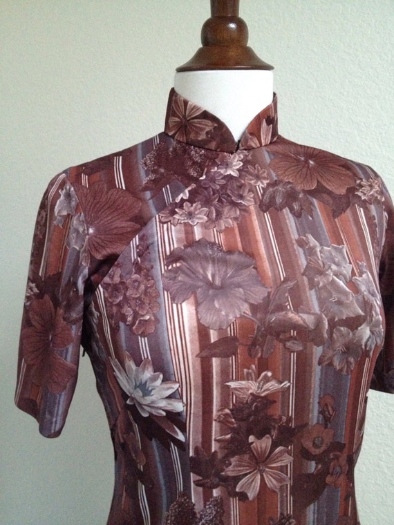Vintage brown floral qipao size S-M - image 4