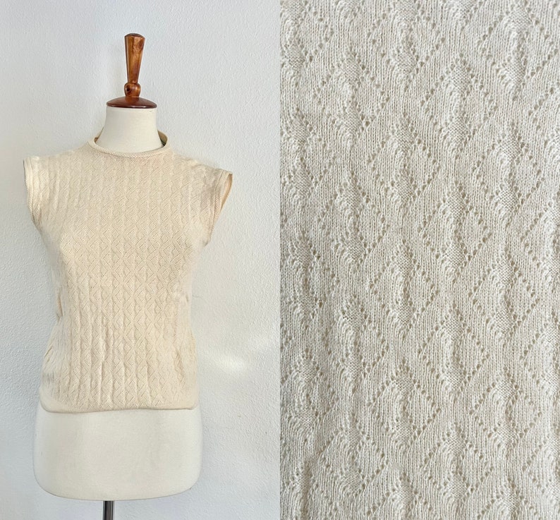 Vintage cream 50s knit shell top size small imagem 1
