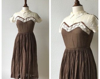 Vintage brown polka dot collared 40s dress sz XS