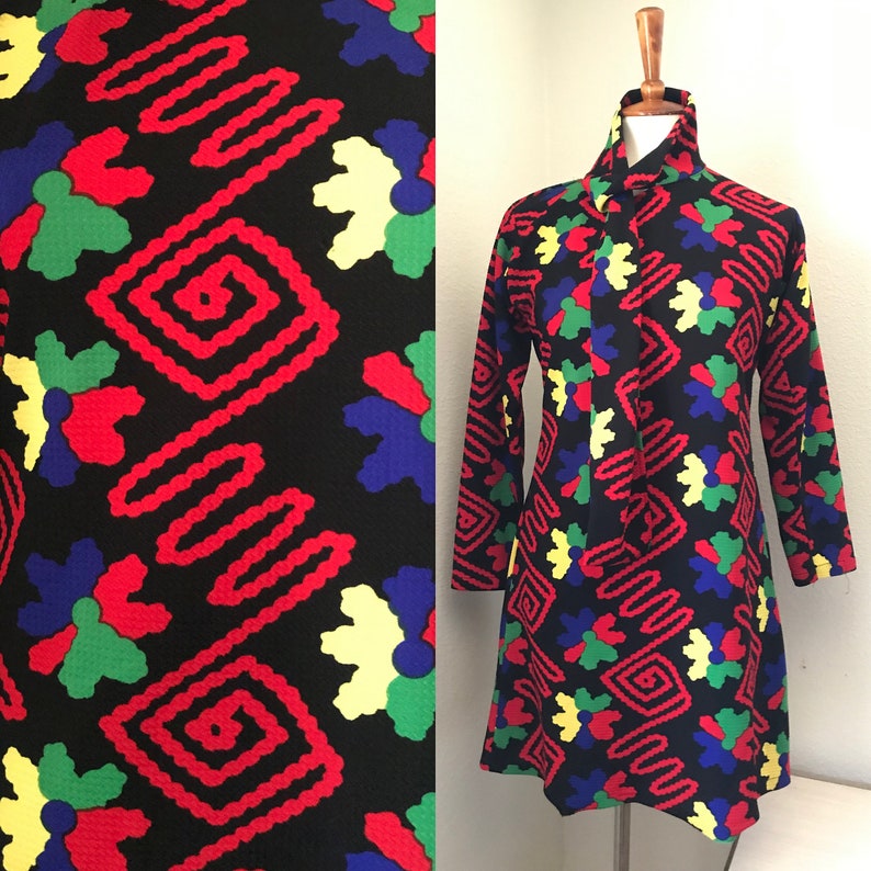 Vintage black neon squiggly babydoll long sleeve dress with ascot size small image 1