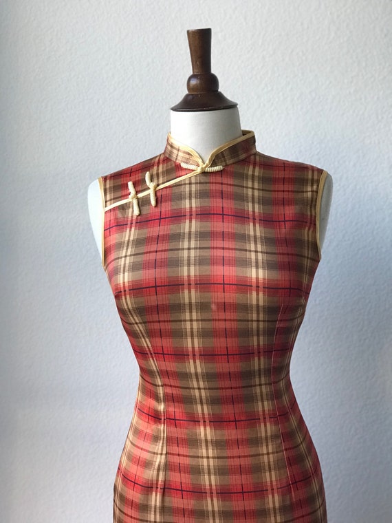 Vintage orange plaid qipao dress  sz XS 1960s - image 3