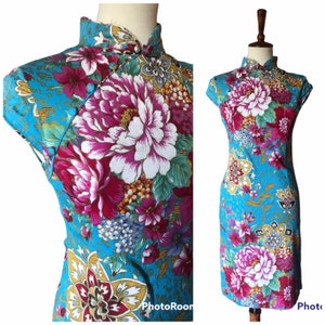 Gorgeous floral blue cotton light qipao sz medium