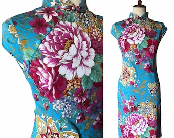 Gorgeous floral blue cotton light qipao sz medium