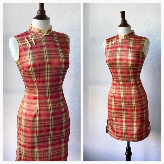 Vintage orange plaid qipao dress sz XS 1960s