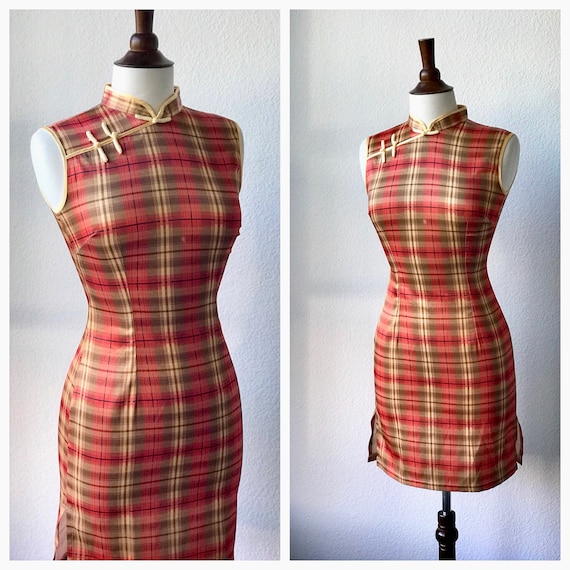 Vintage orange plaid qipao dress  sz XS 1960s - image 1