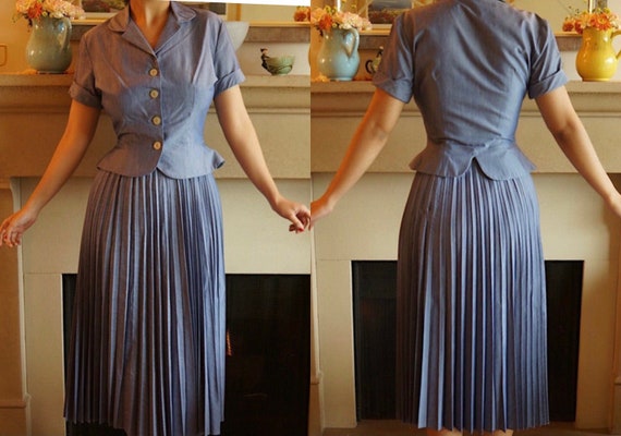 1940s Cotton Lavender Blue Purple Skirt Button up Blouse Set Pleated Skirt S Etsy